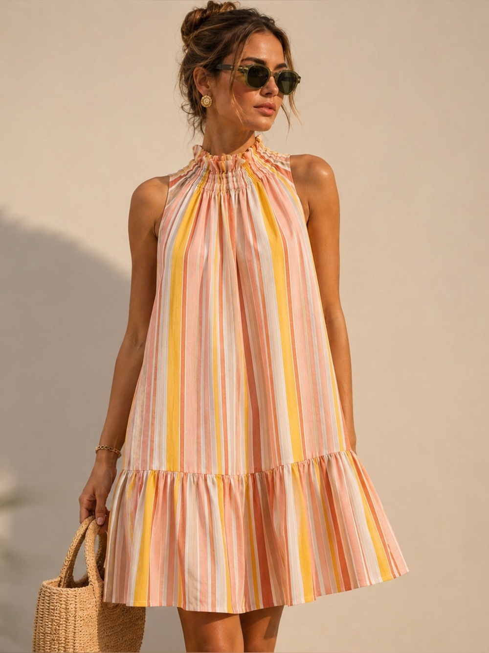 EPHEMERA 100% Linen Garland Striped High Neck Mini Dress Size Medium